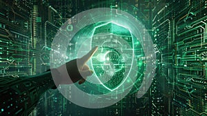 The hand touching cyber shield.AI generated image