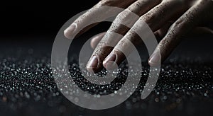 Hand touching dark particles