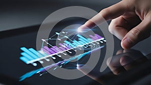 Hand touching data visualization on tablet screen, business concept