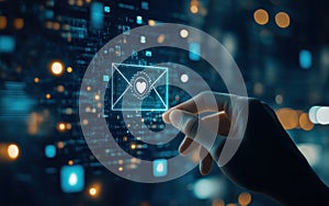 Hand touching digital envelopes on a screen, concept of email distribution.