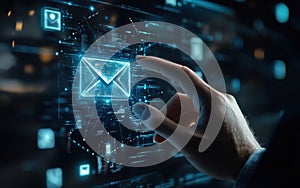 Hand touching digital envelopes on a screen, concept of email distribution.