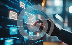 Hand touching digital envelopes on a screen, concept of email distribution.