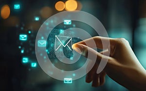 Hand touching digital envelopes on a screen, concept of email distribution.