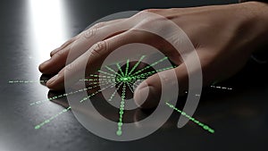 Hand touching digital interface on dark background representing data