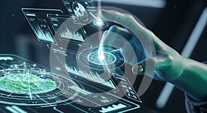 hand touching digital interface with data charts and blue background AI Generated