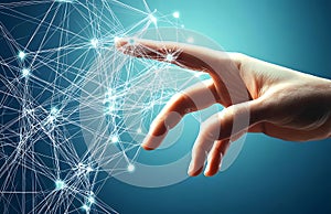 Hand touching digital network connection, artificial intelligence and future technology concept