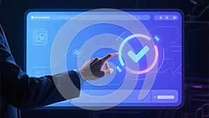 Hand Touching Digital Verification Checkmark Interface