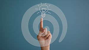 A hand touching a drawn lightbulb symbolizing an idea on a teal background.. AI generated