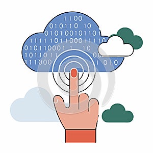 Hand touching futuristic digital interface with cloud computing and data icons