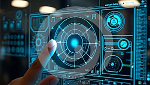 Hand touching futuristic interface, depicting technology and digital interaction Generative AI