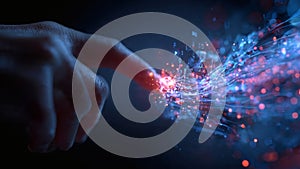 Hand touching glowing digital data stream with binary code