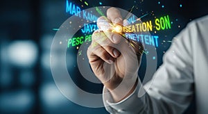 Hand touching glowing digital interface technology network data abstract future innovation