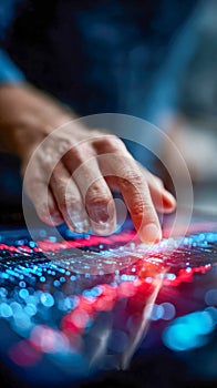 Hand touching a glowing digital screen displaying analytics charts and graphs, representing business intelligence and