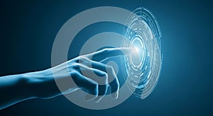 Hand touching glowing futuristic digital interface circle technology finger