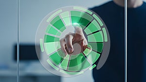 Hand Touching Glowing Green Circular Tech Interface, Progress Innovation Concept