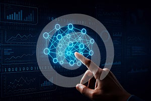 Hand touching glowing neural network icon on digital data background artificial intelligence machine learning