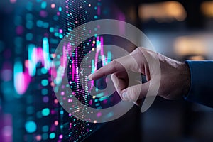 Hand touching a point on a digital binary code interface