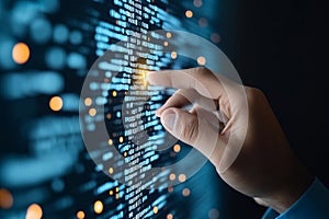 Hand touching a point on a digital binary code interface