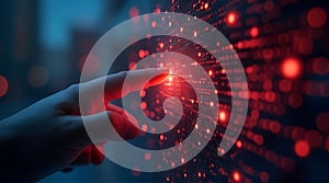 Hand Touching Glowing Red Digital Interface with Data Stream