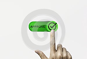 Hand touching green toggle switch to change status from reject to accept for tick correct mark to approve document and project