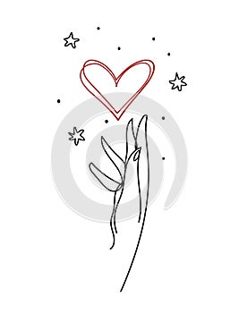 Hand touching the heart continius line art icon. Aesthetic symbol for a gift, a tattoo, a logo for a women s beauty