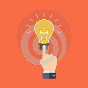 Hand touching light bulb. Know how concept. Flat design.