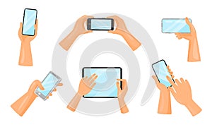 Hand Touching Modern Digital Devices Collection, Human Hands Holding Tablet and Smartphone Vector Illustration