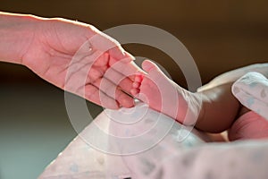 Hand touching newborn baby foot with love