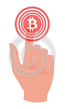 Hand touching, pressing or pointing a bitcoin button