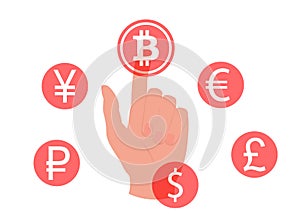 Hand touching, pressing or pointing a bitcoin button