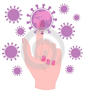 Hand touching, pressing or pointing a virus globe button with index finger.