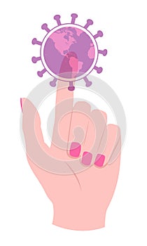 Hand touching, pressing or pointing a virus globe button with index finger.