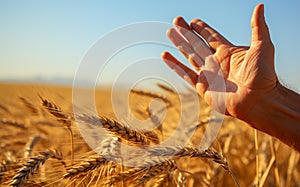 Hand touching ripe wheat in tranquil rural scene generated by AI