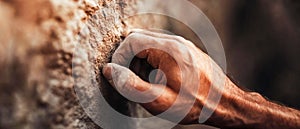 Hand Touching Rough Stone Wall Surface