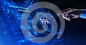 Hand Touching RPA Interface on Virtual Screen - Robotic Process Automation Concept
