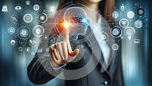 hand touching the screen of Digital network Future cyberspace in Big Data Technology Concept