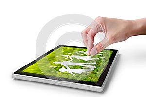 Hand touching screen on digital tablet pc