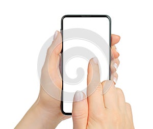 Hand touching screen of modern Smart Phone, isolated on white background