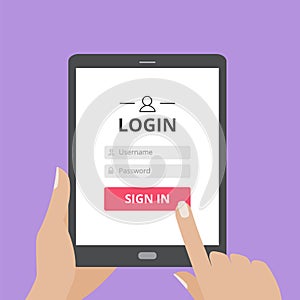 Hand touching the screen of tablet computer with user login form page and sign in button.