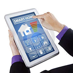 Hand touching smart home controller on tablet