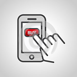 Hand touching smart phone with buy button on the screen. E-commerce icon design concept. Using mobile smart phone for online purch