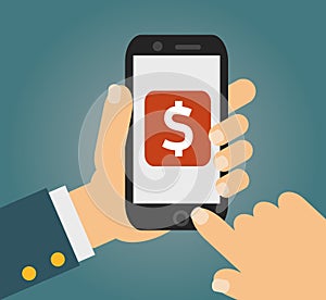 Hand touching smartphone with dollar sign on the screen. Using mobile smart phone similar to iphon, flat design concept