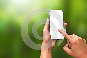 Hand touching a smartphone and an empty screen for your design on a natural green background in the morning concept. Mobile phone