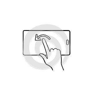 Hand touching smartphone screen hand drawn outline doodle icon.