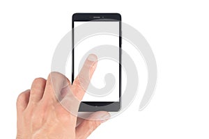 Hand touching smartphone screen isolated on white, mock up phone mobile blank screen easy adjustment