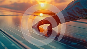 The Hand on Solar Panel. AI generated photo