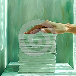 A hand is touching a stack of papers