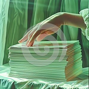 A hand is touching a stack of papers.