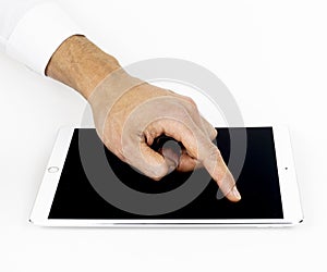 Hand touching tablet black screen male hand