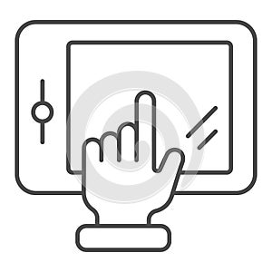 Hand touching tablet thin line icon. Finger pointing on tablet vector illustration isolated on white. Device outline